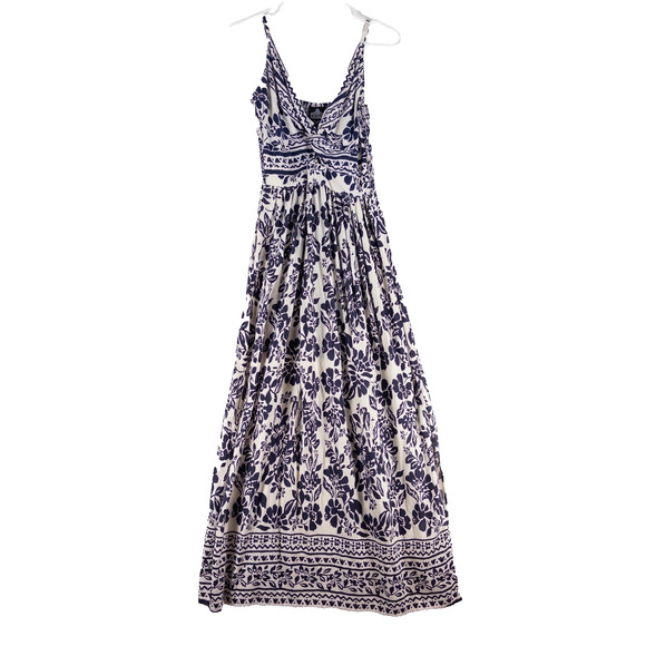 Angie Maxi Dress Small Navy Blue Floral Spaghetti Strap Cutout Boho V Neck - Picture 1 of 10